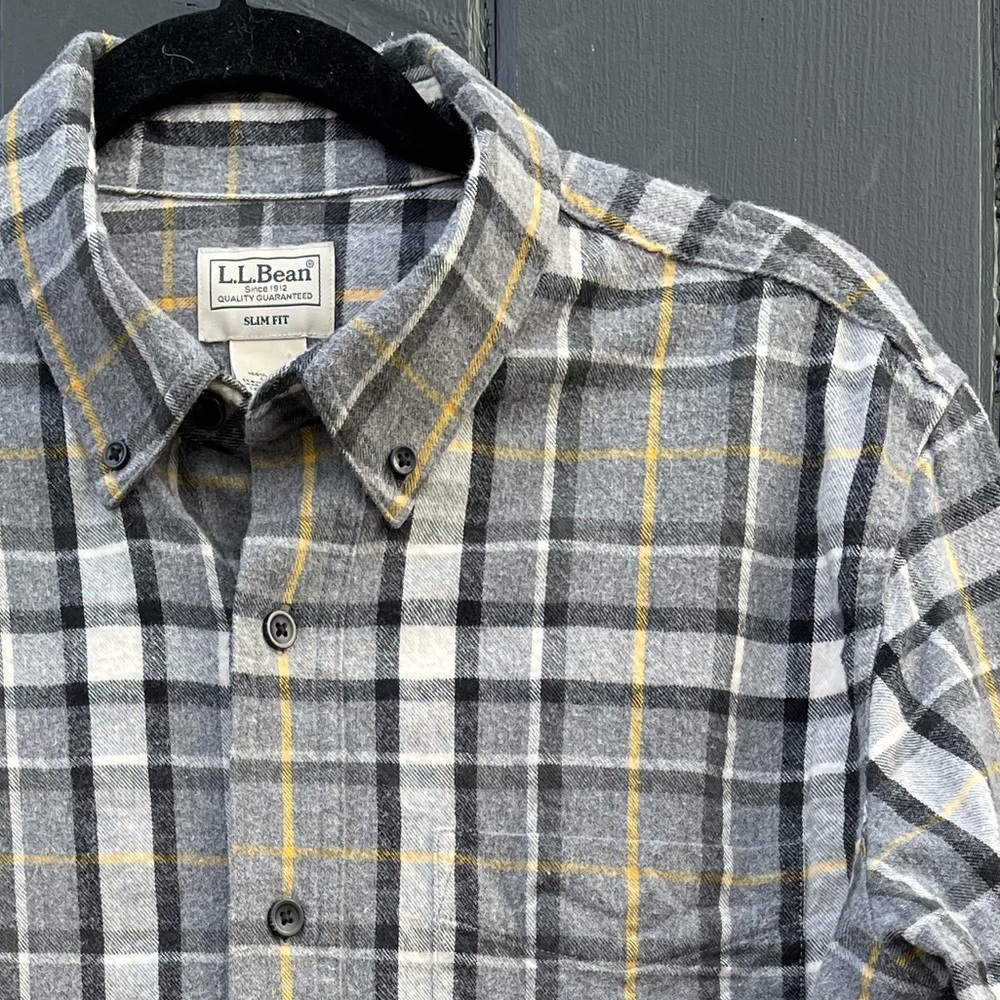 L.L. Bean Flannel - Men's Gray & Yellow Plaid Slim Large Shirt